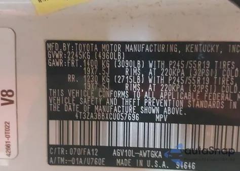 2012 Toyota Venza Le/Xle из США, поврежденный, VIN 4T3ZA3BBXC4057696